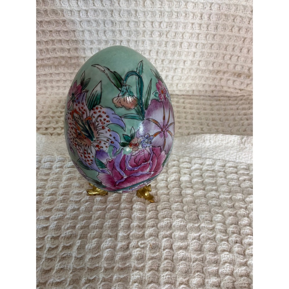 Vintage Chinoiserie Hand Painted Porcelain Floral Egg Italian Brass Stand Green